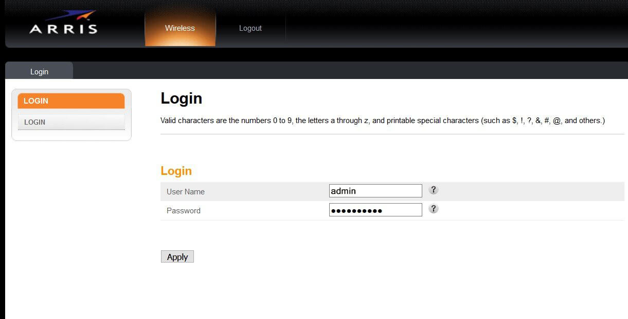 Arris router login page